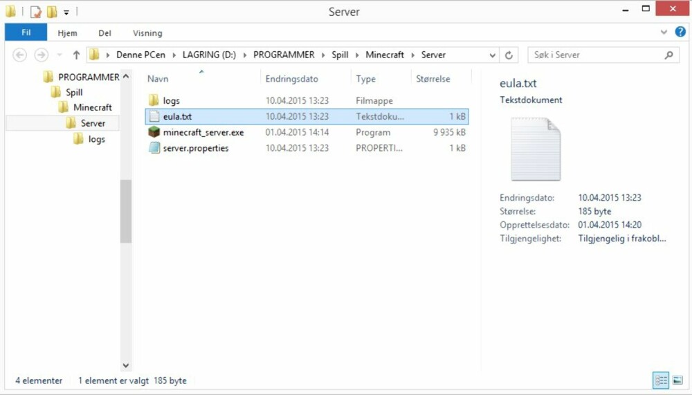4. Start serveren ved å dobbeltklikke på den. Du vil fort oppdage at ingenting skjer.
Ser du derimot i mappen hvor du lagret server-filen vil du se at den har generert noen filer, blant annet eula.txt 4. Start serveren ved å dobbeltklikke på den. Du vil fort oppdage at ingenting skjer.
Ser du derimot i mappen hvor du lagret server-filen vil du se at den har generert noen filer, blant annet eula.txt