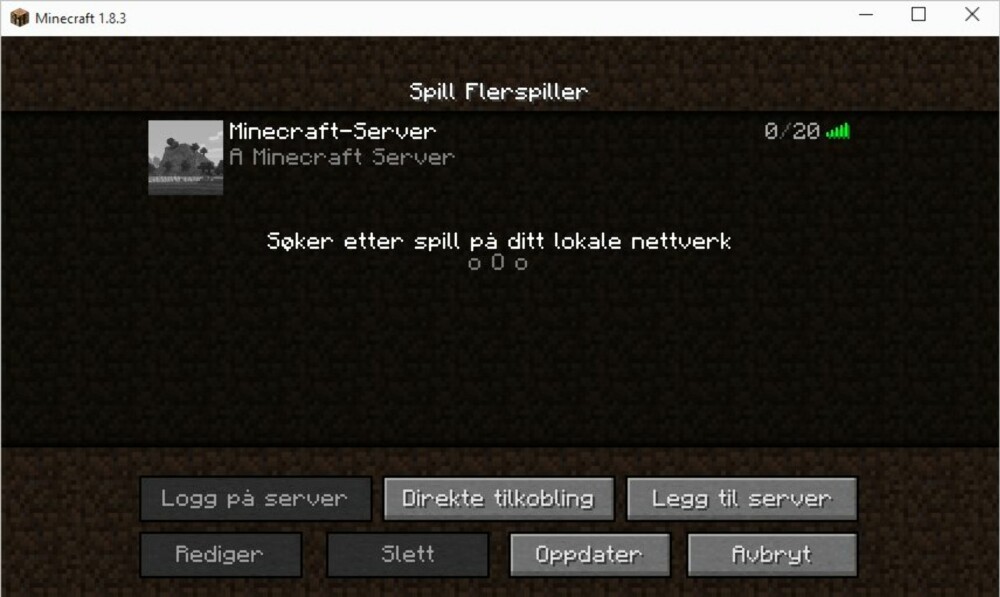 7. Nå er serveren din oppe og går, og du kan logge deg på den om du starter opp Minecraft og velger Flerspiller / Multiplayer. Skulle den ikke dukke opp i listen over servere automatisk kan du trykke «Direct Connect» og skrive inn 127.0.0.1 (så lenge du spiller fra samme PC som serveren kjører på). 7. Nå er serveren din oppe og går, og du kan logge deg på den om du starter opp Minecraft og velger Flerspiller / Multiplayer. Skulle den ikke dukke opp i listen over servere automatisk kan du trykke «Direct Connect» og skrive inn 127.0.0.1 (så lenge du spiller fra samme PC som serveren kjører på).