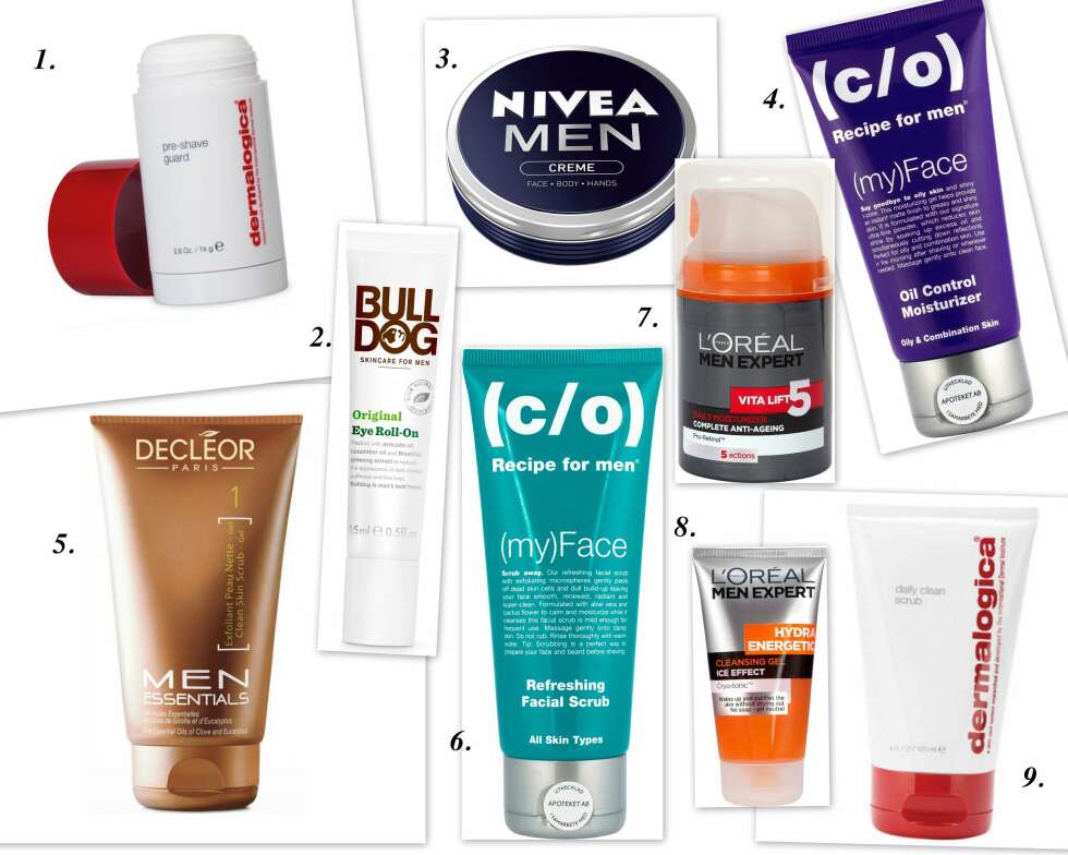 HUDPLEIE FOR MENN: 1. Dermalogica Pre-Shave Guard, kr 315. 2. Bulldog Original Eye roll-on, kr 159. 3. Nivea Men Creme, kr 62. 4. Recipe for men Oil Control Moisturizer, kr 199. 5. Decléor Men Skincare Clean Skin Scrub Gel, kr 329. 6. Recipe for men Refreshing Facial Scrub, kr 149. 7. L'Oréal Men Expert Vita Lift, kr 155. 8. L'Oréal Hydra Energetic Cleansing Gel, kr 79. 9. Dermalogica Daily Clean Scrub, kr 325. HUDPLEIE FOR MENN: 1. Dermalogica Pre-Shave Guard, kr 315. 2. Bulldog Original Eye roll-on, kr 159. 3. Nivea Men Creme, kr 62. 4. Recipe for men Oil Control Moisturizer, kr 199. 5. Decléor Men Skincare Clean Skin Scrub Gel, kr 329. 6. Recipe for men Refreshing Facial Scrub, kr 149. 7. L'Oréal Men Expert Vita Lift, kr 155. 8. L'Oréal Hydra Energetic Cleansing Gel, kr 79. 9. Dermalogica Daily Clean Scrub, kr 325.