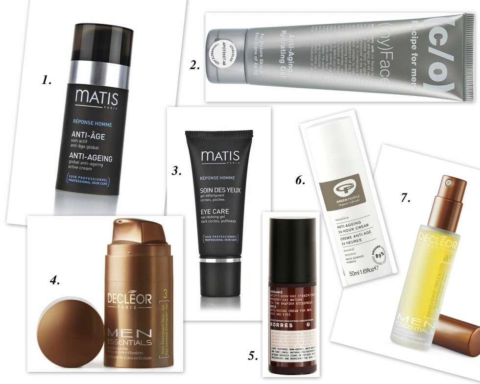 ANTI-AGING FOR MENN: 1. Matis Réponse Homme Global Anti-Ageing Active Cream, kr 559. 2. Recipe for men Anti Aging Hydrating Gel, kr 299. 3. Matis Réponse Homme Eye Reviving Gel, kr 399. 4. Decléor Men Skincare Eye Contour Energiser Gel, kr 485. 5. Korres Anti-Ageing Cream for Men, kr 299. 6. Green People Anti-aging 24-hour Cream, kr 199. Decléor Men Skincare Aromessence Triple Action Shave Perfector Serum, kr 635. ANTI-AGING FOR MENN: 1. Matis Réponse Homme Global Anti-Ageing Active Cream, kr 559. 2. Recipe for men Anti Aging Hydrating Gel, kr 299. 3. Matis Réponse Homme Eye Reviving Gel, kr 399. 4. Decléor Men Skincare Eye Contour Energiser Gel, kr 485. 5. Korres Anti-Ageing Cream for Men, kr 299. 6. Green People Anti-aging 24-hour Cream, kr 199. Decléor Men Skincare Aromessence Triple Action Shave Perfector Serum, kr 635.