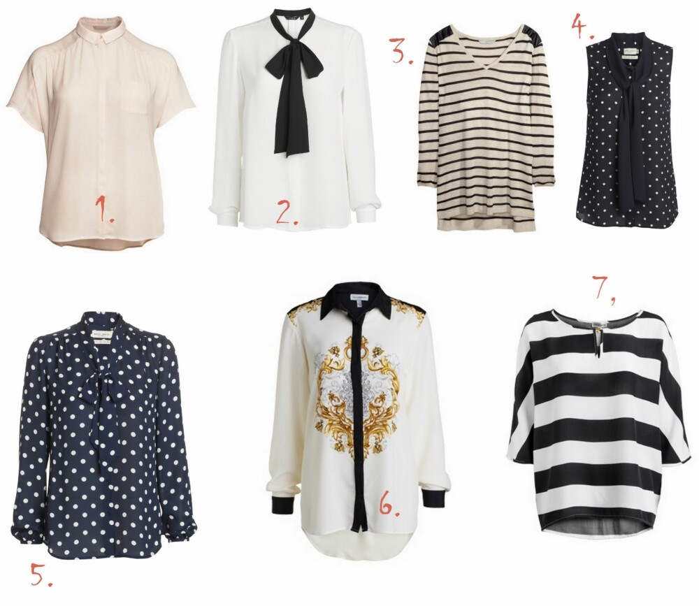BLUSER: 1. Bluse fra HM+ (kr 199), 2. Bluse fra Lindex (kr 299), 3. Stripete Genser fra HM+ (kr 299), 4. Topp fra Lindex (kr 199), 5. Polkadotbluse fra Lindex (kr 299), 6. Bluse fra Kappahl (kr 349), 7. Bluse fra Kappahl (kr 299). BLUSER: 1. Bluse fra HM+ (kr 199), 2. Bluse fra Lindex (kr 299), 3. Stripete Genser fra HM+ (kr 299), 4. Topp fra Lindex (kr 199), 5. Polkadotbluse fra Lindex (kr 299), 6. Bluse fra Kappahl (kr 349), 7. Bluse fra Kappahl (kr 299).
