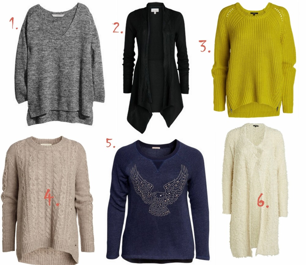 GENSER: 1. Strikket Genser fra HM+ (kr 299), 2. Cardigan fra Kappahl (kr 399), 3. Strikkagenser fra Lindex (kr 299), 4. Strikkagenser fra Lindex (kr 299), 5. Genser fra HM+ (kr 299), 6. Strikka Cardigan fra Lindex (kr 499). GENSER: 1. Strikket Genser fra HM+ (kr 299), 2. Cardigan fra Kappahl (kr 399), 3. Strikkagenser fra Lindex (kr 299), 4. Strikkagenser fra Lindex (kr 299), 5. Genser fra HM+ (kr 299), 6. Strikka Cardigan fra Lindex (kr 499).