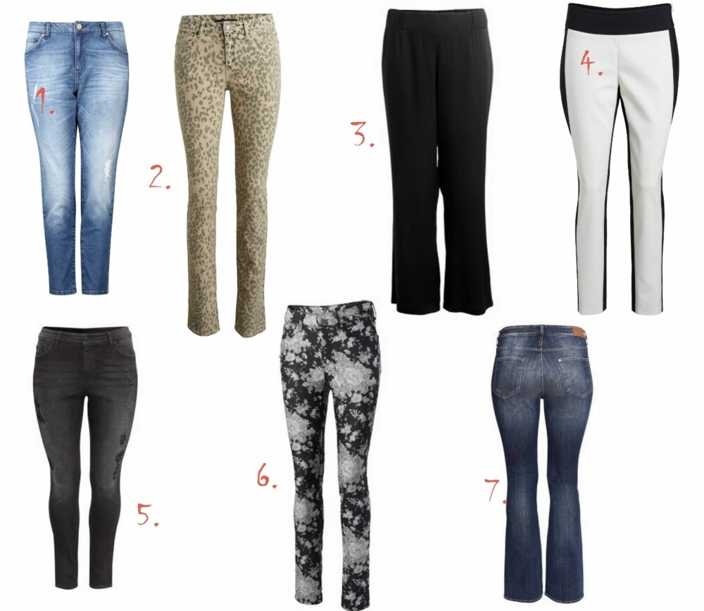 BUKSER: 1. Boyfriendjeans fra Vivikes (kr 599), 2. Bukse fra Lindex (kr 299), 3. Bukse fra Kappahl xlnt (kr 349), 4. Smokingbukse fra Lindex (kr 249), 5. Slim Fit Jeans fra HM+ (kr 399), 6. Bukse fra Kappahl (kr 399), 7. Bootcut Jeans fra HM+ (kr 399). BUKSER: 1. Boyfriendjeans fra Vivikes (kr 599), 2. Bukse fra Lindex (kr 299), 3. Bukse fra Kappahl xlnt (kr 349), 4. Smokingbukse fra Lindex (kr 249), 5. Slim Fit Jeans fra HM+ (kr 399), 6. Bukse fra Kappahl (kr 399), 7. Bootcut Jeans fra HM+ (kr 399).