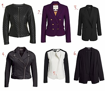 JAKKER: 1. Jakke fra Lindex (kr 499), 2. Lilla Blazer fra Lindex (kr 499), 3. Sort blazer fra Lindex (kr 399) 4. Mc-jakke i denim fra HM+ (kr 499), 5. Sort og hvit jakke fra Lindex (kr 599), 6. Blazer fra HM+ (kr 299). JAKKER: 1. Jakke fra Lindex (kr 499), 2. Lilla Blazer fra Lindex (kr 499), 3. Sort blazer fra Lindex (kr 399) 4. Mc-jakke i denim fra HM+ (kr 499), 5. Sort og hvit jakke fra Lindex (kr 599), 6. Blazer fra HM+ (kr 299).