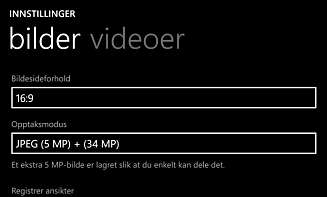 34 MP: Bilder tatt i 16:9-format blir på cirka 34 megapiklser med en størrelse på 7712 x 4352 punkter. 34 MP: Bilder tatt i 16:9-format blir på cirka 34 megapiklser med en størrelse på 7712 x 4352 punkter.
