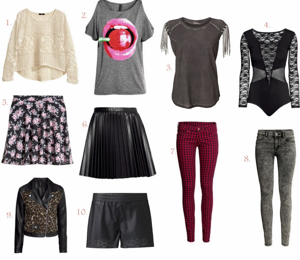 LEKENT OG TRENDY: 1. Kort Blondetopp fra H&M (kr 299), 2. Trikottopp fra H&M (kr 99), 3. Topp fra Vero Moda (kr 249,95), 4. Blondebody H&M (kr 149), 5. Trikottopp H&M (kr 129), 6. Plissert Skjørt H&M (kr 249), 7. Strechjeans fra H&M (kr 249), 8. Strechjeans H&M (kr 199), 9. MC-jakke H&M (kr 499), 10. Skinnshorts fra Vero Moda (kr 349,95). LEKENT OG TRENDY: 1. Kort Blondetopp fra H&M (kr 299), 2. Trikottopp fra H&M (kr 99), 3. Topp fra Vero Moda (kr 249,95), 4. Blondebody H&M (kr 149), 5. Trikottopp H&M (kr 129), 6. Plissert Skjørt H&M (kr 249), 7. Strechjeans fra H&M (kr 249), 8. Strechjeans H&M (kr 199), 9. MC-jakke H&M (kr 499), 10. Skinnshorts fra Vero Moda (kr 349,95).