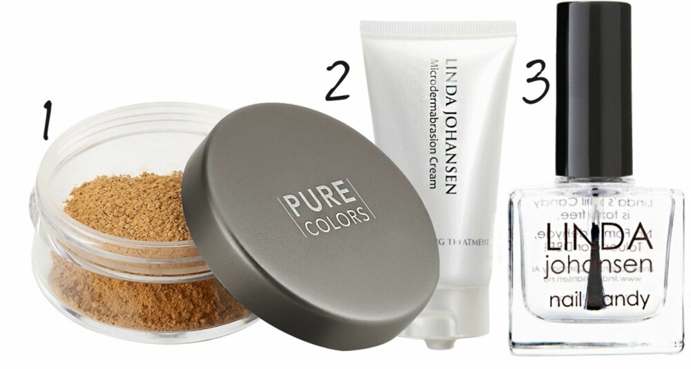 HALAT SOPHIE ASKARI ELSKER: 1. Linda Johansen Microdermabrasion Cream, kr 649. 2. Pure Colors Mineral Foundation, kr 415. 3. Linda Johansen Nail Candy, kr 139. HALAT SOPHIE ASKARI ELSKER: 1. Linda Johansen Microdermabrasion Cream, kr 649. 2. Pure Colors Mineral Foundation, kr 415. 3. Linda Johansen Nail Candy, kr 139.