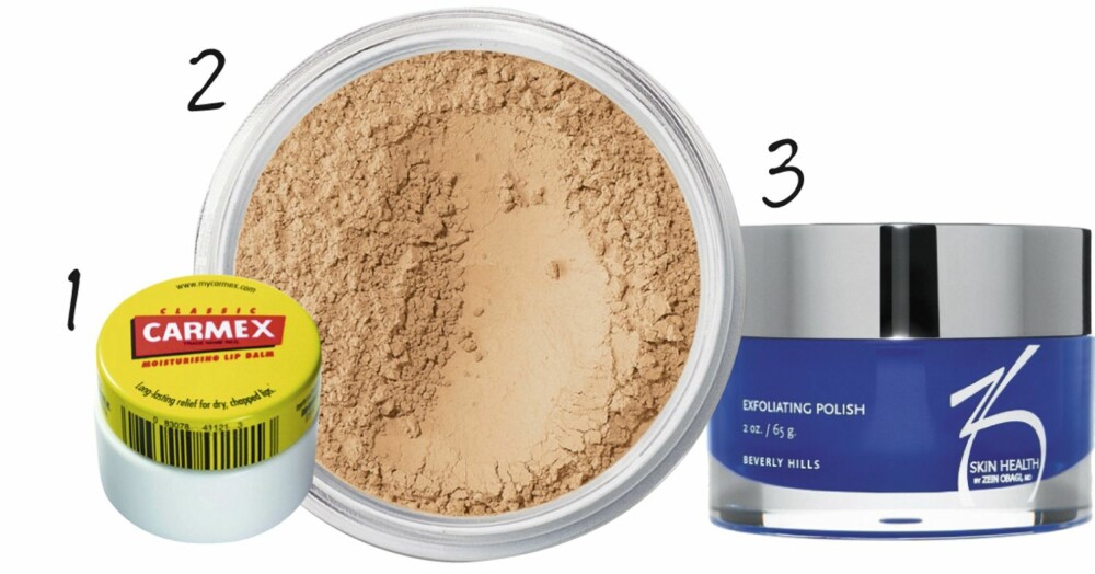 GINE MARGRETHE KAARSTEIN LARSEN KLARER SEG IKKE UTEN: 1. Carmex leppepomade, kr 39. 2. Id Bare Minerals, kr 399. 3. Offects Exfoliating fra Obagi, kr 780. GINE MARGRETHE KAARSTEIN LARSEN KLARER SEG IKKE UTEN: 1. Carmex leppepomade, kr 39. 2. Id Bare Minerals, kr 399. 3. Offects Exfoliating fra Obagi, kr 780.
