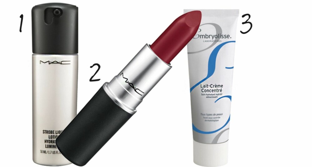 MARIANNE THEODORSENS MUST: 1. Mac Strobe Liquid Lotion, kr 300. 2. Mac lipstick i fargen ruby woo, kr 175. 3. Embryolisse Lait-Crème Concentre, kr 199. MARIANNE THEODORSENS MUST: 1. Mac Strobe Liquid Lotion, kr 300. 2. Mac lipstick i fargen ruby woo, kr 175. 3. Embryolisse Lait-Crème Concentre, kr 199.