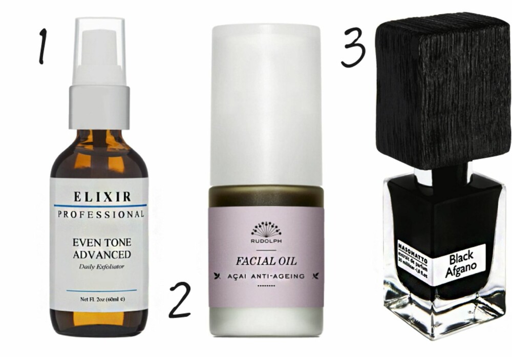 ADA KRISTINE NILSENS VIDUNDERPRODUKTER: 1. Elixir Even Tone Advance, kr 890. 2. Rudolph Care Facial oil, kr 920. 3. Black Afgani parfyme fra Nasomatto, kr 1150. ADA KRISTINE NILSENS VIDUNDERPRODUKTER: 1. Elixir Even Tone Advance, kr 890. 2. Rudolph Care Facial oil, kr 920. 3. Black Afgani parfyme fra Nasomatto, kr 1150.