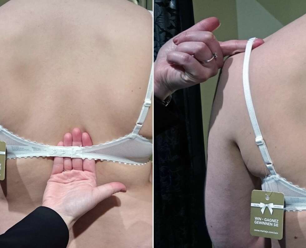 MÅ IKKE SITTE FOR STRAMT: Du skal ha plass til et par fingre eller hånde din under omkretsen på BH-en, og du skal ha plass til en finger under stroppen. MÅ IKKE SITTE FOR STRAMT: Du skal ha plass til et par fingre eller hånde din under omkretsen på BH-en, og du skal ha plass til en finger under stroppen.