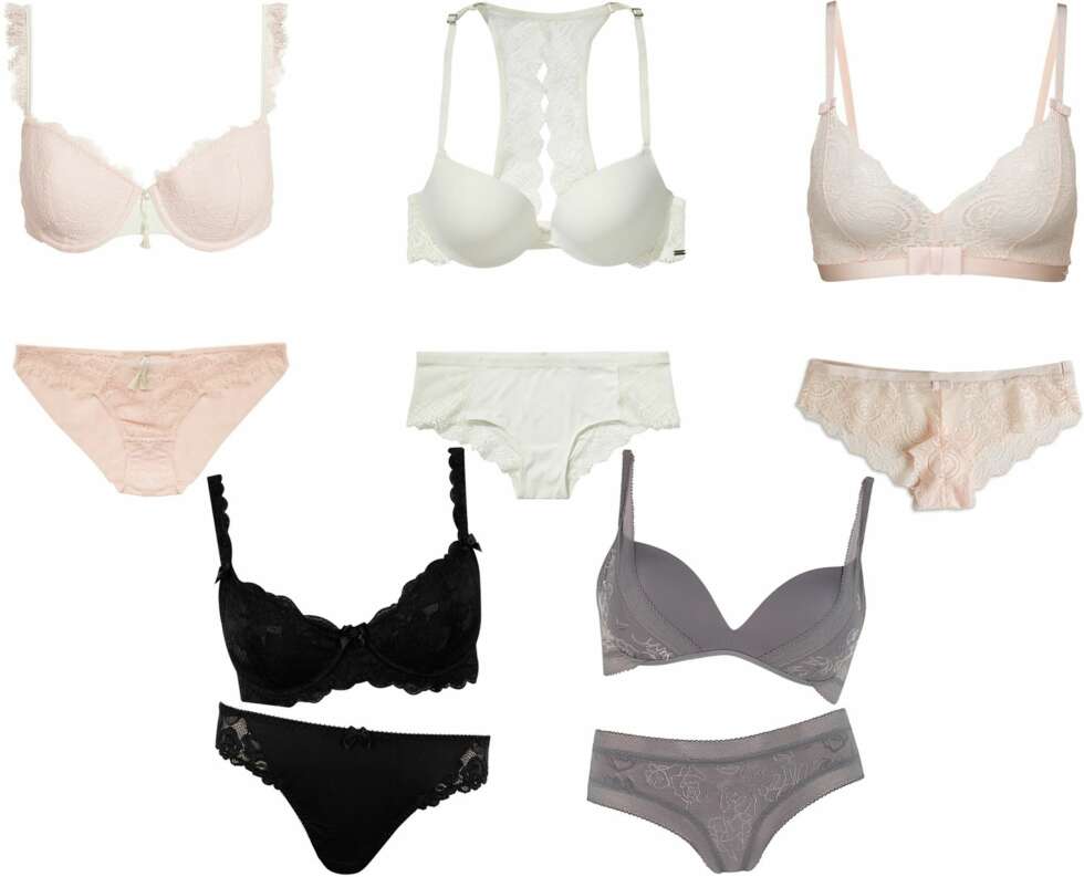 FRA VENSTRE: Lyserosa sett fra Heidi Klum Intimates, kr 699 for BH og underbukse. Svart sett fra Change, BH kr 500 og underbukse kr 230. Hvitt sett fra Tommy Hilfiger, BH kr 449 og udnerbukse kr 277. Grått sett fra Triumph, BH kr 399 og underbukse kr 249. Lyserosa sett fra Lindex, BH kr 199 og underbukse kr 99. FRA VENSTRE: Lyserosa sett fra Heidi Klum Intimates, kr 699 for BH og underbukse. Svart sett fra Change, BH kr 500 og underbukse kr 230. Hvitt sett fra Tommy Hilfiger, BH kr 449 og udnerbukse kr 277. Grått sett fra Triumph, BH kr 399 og underbukse kr 249. Lyserosa sett fra Lindex, BH kr 199 og underbukse kr 99.