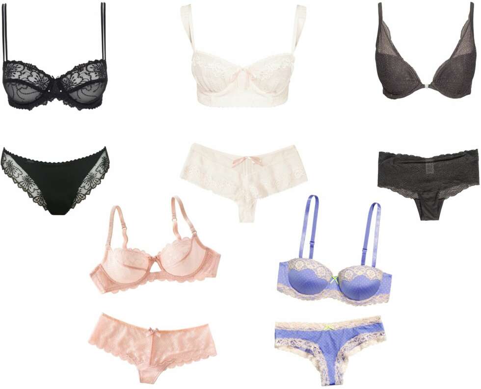 FRA VENSTRE: Svart sett fra Marie Jo, BH kr 935 og underbukse kr 665. Rosa sett fra La Redoute, BH kr 299 og underbukse kr 149. Lyserosa sett fra Passionata/Nelly.com, kr 469 for BH og underbukse. Lilla sett fra H&M, BH kr 99 og underbukse kr 59.50. Svart sett fra Calvin Klein/Nelly.com, kr 499 for BH og underbukse. FRA VENSTRE: Svart sett fra Marie Jo, BH kr 935 og underbukse kr 665. Rosa sett fra La Redoute, BH kr 299 og underbukse kr 149. Lyserosa sett fra Passionata/Nelly.com, kr 469 for BH og underbukse. Lilla sett fra H&M, BH kr 99 og underbukse kr 59.50. Svart sett fra Calvin Klein/Nelly.com, kr 499 for BH og underbukse.