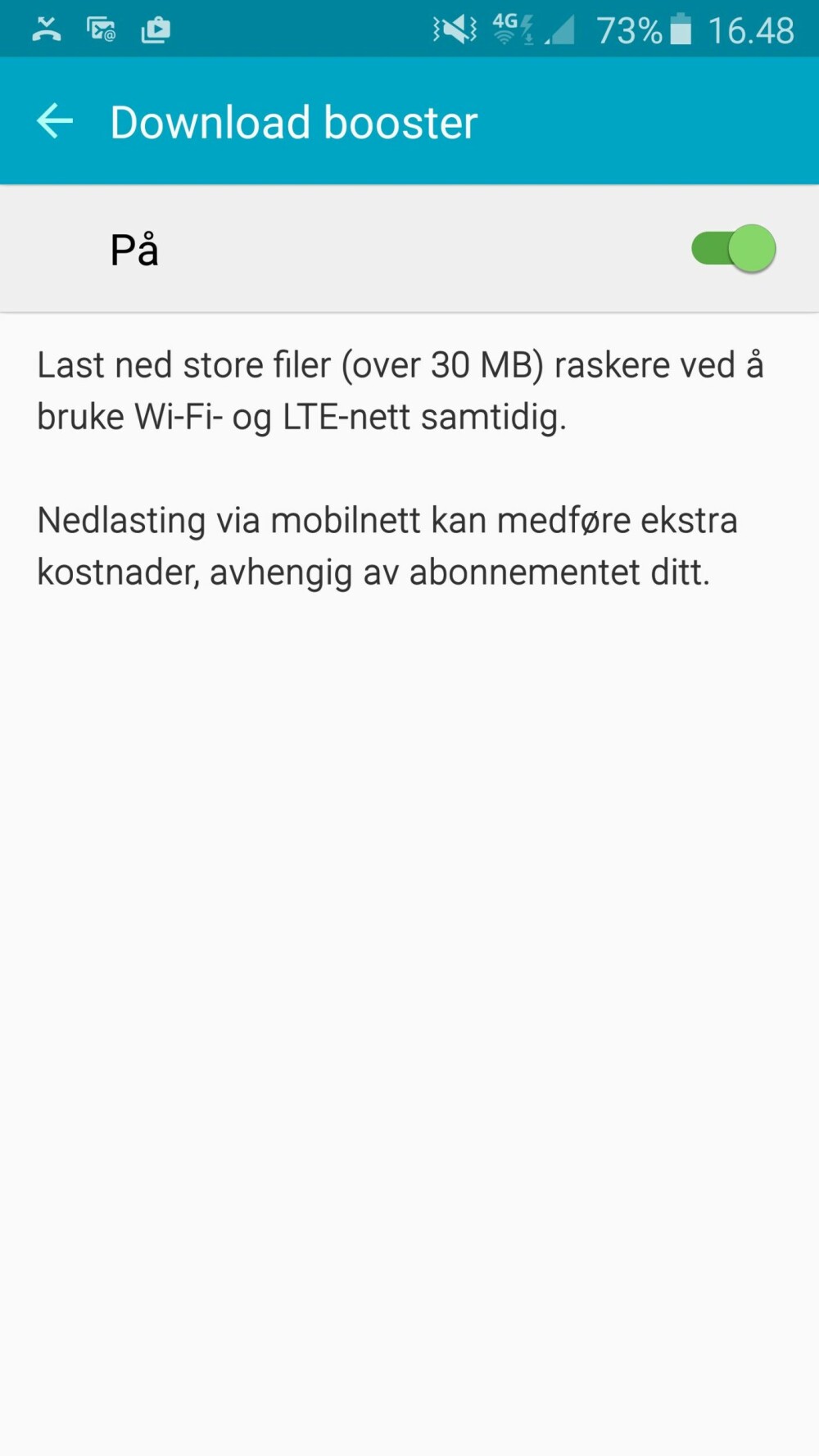 BOOST: Med Download booster skrudd på brukes både mobilnettet og det trådløse nettet når store filer skal lastes ned. BOOST: Med Download booster skrudd på brukes både mobilnettet og det trådløse nettet når store filer skal lastes ned.