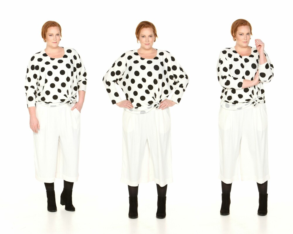 POLKADOTT: Genser fra Zizzi, kr 499. Culottes fra Lindex Generous, kr 349. Ring fra Zizzi, kr 149. Boots fra H&M, kr 299. POLKADOTT: Genser fra Zizzi, kr 499. Culottes fra Lindex Generous, kr 349. Ring fra Zizzi, kr 149. Boots fra H&M, kr 299.
