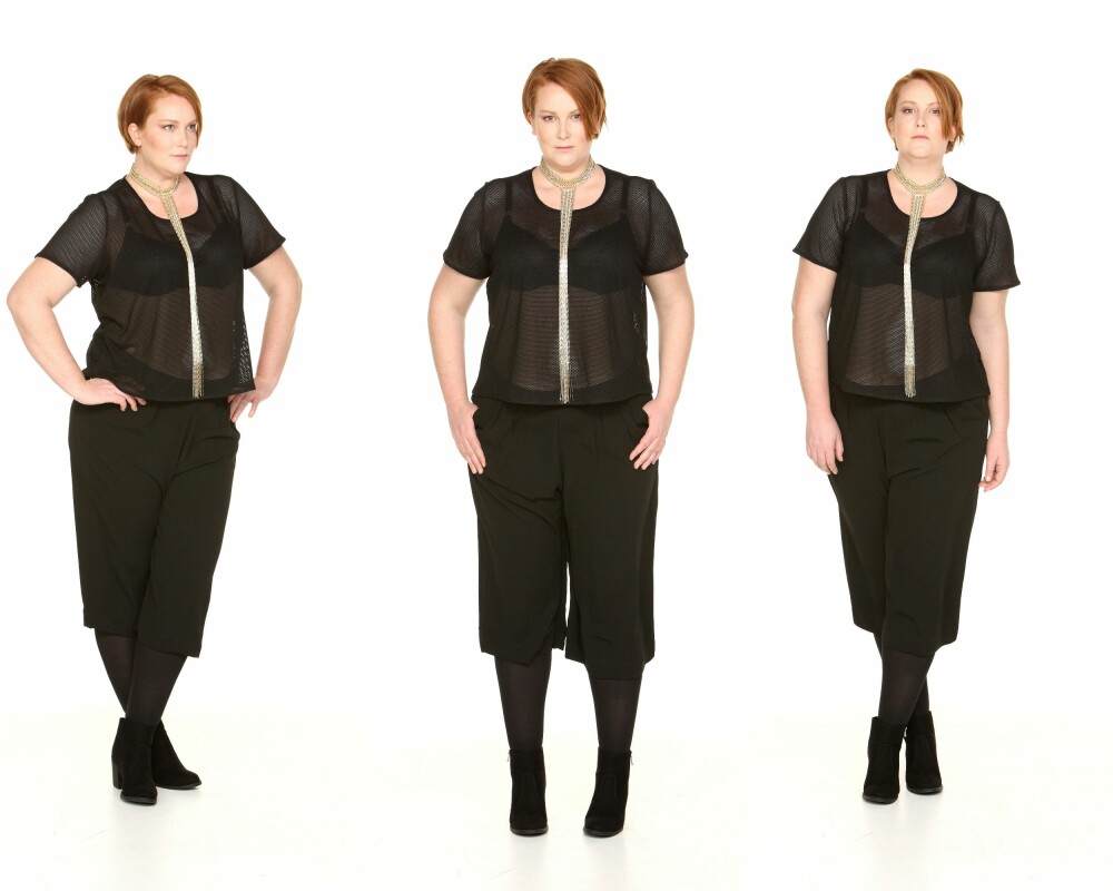 NY SPORTY: Mesh-topp fra Zizzi, kr 299. Culottes fra Lindex Generous, kr 349. Smykke fra H&M, kr 249. Boots fra H&M, kr 299. NY SPORTY: Mesh-topp fra Zizzi, kr 299. Culottes fra Lindex Generous, kr 349. Smykke fra H&M, kr 249. Boots fra H&M, kr 299.