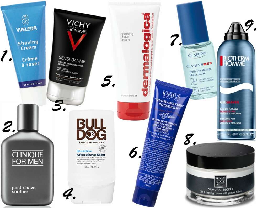 GODE PRODUKTER: 1. Weleda Shaving Cream, kr 119. 2. Clinique for Men Post-Shave Soother, kr 235. 3. Vichy Homme Soothing After-Have Balm, kr 193. 4. Bulldog Sensitive After Shave Balm, kr 109. 5. Dermalogica Soothing Shave Cream, kr 230. 6. Kiehl's White Eagle Shaving Cream, kr 140. 7. Clarins Men Shave Ease barberolje, kr 310. 8. Rituals Samurai Secret 2-in-1 Shaving Cream, kr 155. ). Biotherm Homme Shaving Gel, kr 180. GODE PRODUKTER: 1. Weleda Shaving Cream, kr 119. 2. Clinique for Men Post-Shave Soother, kr 235. 3. Vichy Homme Soothing After-Have Balm, kr 193. 4. Bulldog Sensitive After Shave Balm, kr 109. 5. Dermalogica Soothing Shave Cream, kr 230. 6. Kiehl's White Eagle Shaving Cream, kr 140. 7. Clarins Men Shave Ease barberolje, kr 310. 8. Rituals Samurai Secret 2-in-1 Shaving Cream, kr 155. ). Biotherm Homme Shaving Gel, kr 180.
