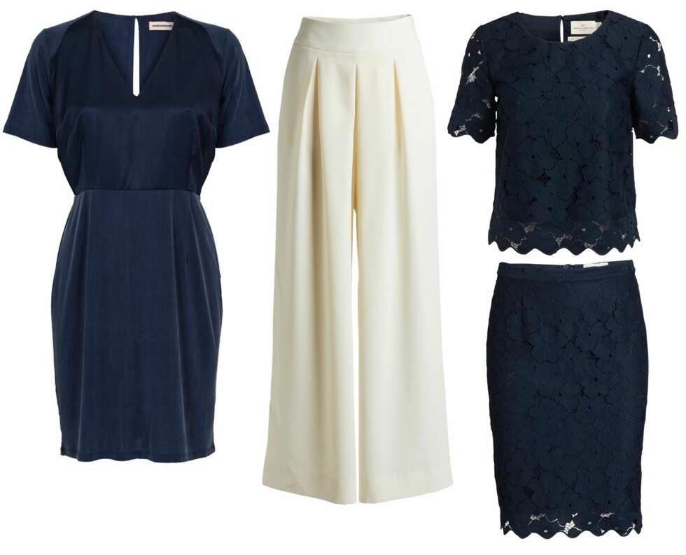 ELEGANT: Et mørkeblått antrekk er en sikker vinner, mener stylistene. Det samme gjelder et par hvite slengbukser i ekte 70-tallsånd, eller et helsett med et delikat blyantskjørt og en matchende topp. Kjole fra Costummade, kr 1699. Hvit slengbukse fra Lindex, kr 599. Topp (kr 299) og skjørt (kr 299) fra Lindex. FOTO: Produsentene ELEGANT: Et mørkeblått antrekk er en sikker vinner, mener stylistene. Det samme gjelder et par hvite slengbukser i ekte 70-tallsånd, eller et helsett med et delikat blyantskjørt og en matchende topp. Kjole fra Costummade, kr 1699. Hvit slengbukse fra Lindex, kr 599. Topp (kr 299) og skjørt (kr 299) fra Lindex. FOTO: Produsentene