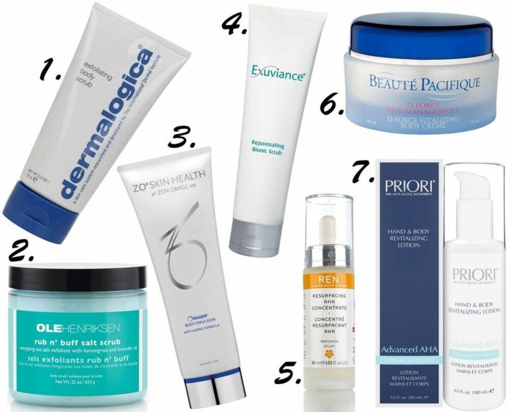 PRODUKTER SOM HJELPER MOT NUPPETE HUD: 1. Dermalogica Exfoliating Body Scrub, kr 410. 2. Ole Henriksen Rub N' Buff Salt Scrub, kr 495. 3. ZO Skin Health Oraser Body Emulsion, kr 790. 4. Exuviance Rejuvenating Bionic Scrub, kr 274. 5. REN Resurfacing AHA Concentrate, kr 425. 6. Beauté Pacifique D-Force Vitalizing Body Creme, kr 379. 7. Priori Hand & Body Revitalizing Lotion Advanced AHA, kr 519. PRODUKTER SOM HJELPER MOT NUPPETE HUD: 1. Dermalogica Exfoliating Body Scrub, kr 410. 2. Ole Henriksen Rub N' Buff Salt Scrub, kr 495. 3. ZO Skin Health Oraser Body Emulsion, kr 790. 4. Exuviance Rejuvenating Bionic Scrub, kr 274. 5. REN Resurfacing AHA Concentrate, kr 425. 6. Beauté Pacifique D-Force Vitalizing Body Creme, kr 379. 7. Priori Hand & Body Revitalizing Lotion Advanced AHA, kr 519.