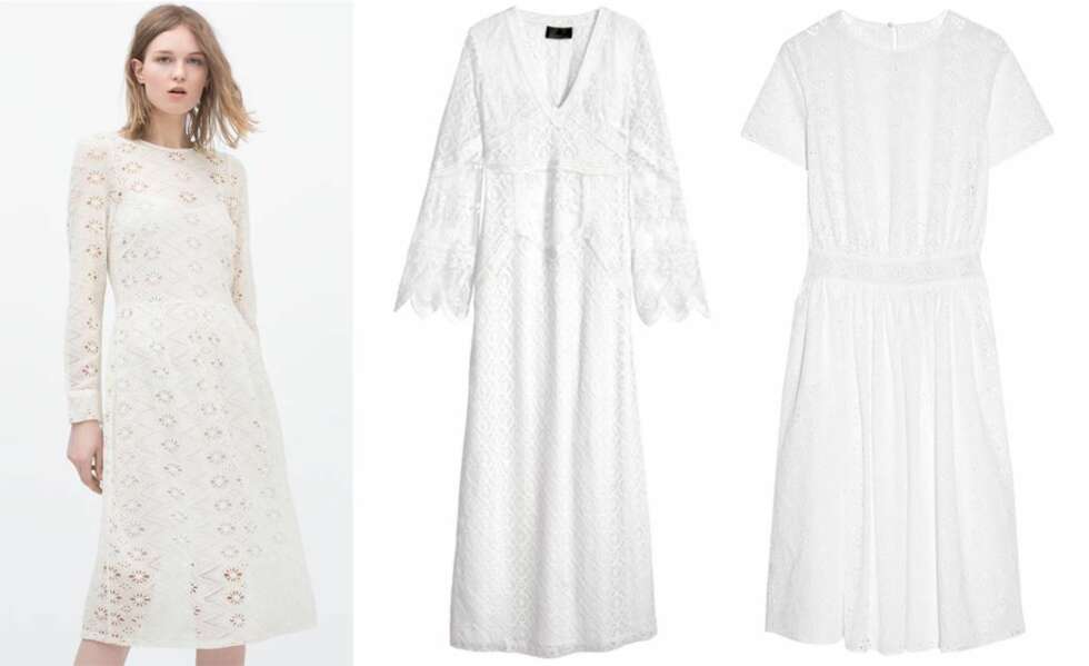 HVITE BLONDER (f.v.): Langermet kjole fra Zara, kr 999. Fotsid kjole fra H&M, kr 1299. Vakker blondkjole fra Valentino/Net-a-porter, ca. kr 23.000, FOTO: produsenten HVITE BLONDER (f.v.): Langermet kjole fra Zara, kr 999. Fotsid kjole fra H&M, kr 1299. Vakker blondkjole fra Valentino/Net-a-porter, ca. kr 23.000, FOTO: produsenten