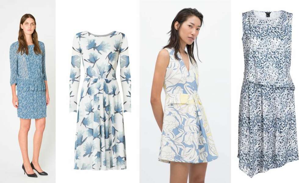 KORT MED PRINT (f.v.):Kjole med drop-waist med mønster fra Ganni, kr 1299. Kjole med blomstertrykk fra Ganni, kr 1299. Kortere sommerkjole med trykk fra Zara, kr 299. Asymmetrisk kjole med print fra Lindex, kr 299. FOTO: produsenten KORT MED PRINT (f.v.):Kjole med drop-waist med mønster fra Ganni, kr 1299. Kjole med blomstertrykk fra Ganni, kr 1299. Kortere sommerkjole med trykk fra Zara, kr 299. Asymmetrisk kjole med print fra Lindex, kr 299. FOTO: produsenten