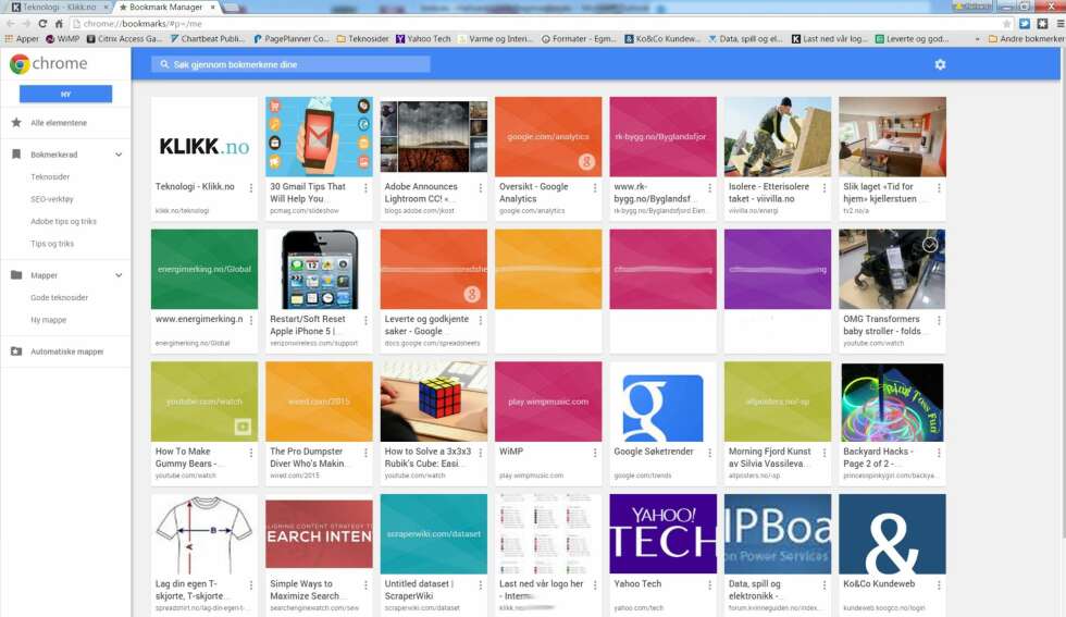 OVERSIKT: Her kan du administrere alle bokmerkene dine i Google Chrome. OVERSIKT: Her kan du administrere alle bokmerkene dine i Google Chrome.