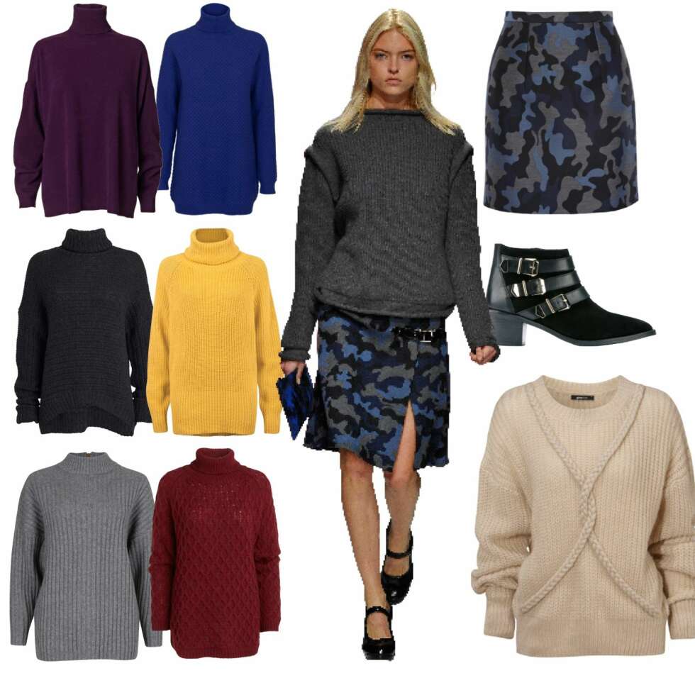 GROVE GENSERE: Øverst fra venstre: Lilla fra By Malene Birger, kr 1599. Blå fra Just Female, kr 999. Mørkegrå fra Bzr, kr 999. Sennepsgul fra FWSS, kr 1799. Grå fra Bik Bok, kr 599. Lindex, kr 199. Stylingtips til høyre: Skjørt fra Christopher Kane/www.net-a-porter.com, kr 6015. Sko fra Eurosko, kr 1395. Genser fra Gina Tricot, kr 399. Catwalk-look: Christopher Kane. GROVE GENSERE: Øverst fra venstre: Lilla fra By Malene Birger, kr 1599. Blå fra Just Female, kr 999. Mørkegrå fra Bzr, kr 999. Sennepsgul fra FWSS, kr 1799. Grå fra Bik Bok, kr 599. Lindex, kr 199. Stylingtips til høyre: Skjørt fra Christopher Kane/www.net-a-porter.com, kr 6015. Sko fra Eurosko, kr 1395. Genser fra Gina Tricot, kr 399. Catwalk-look: Christopher Kane.