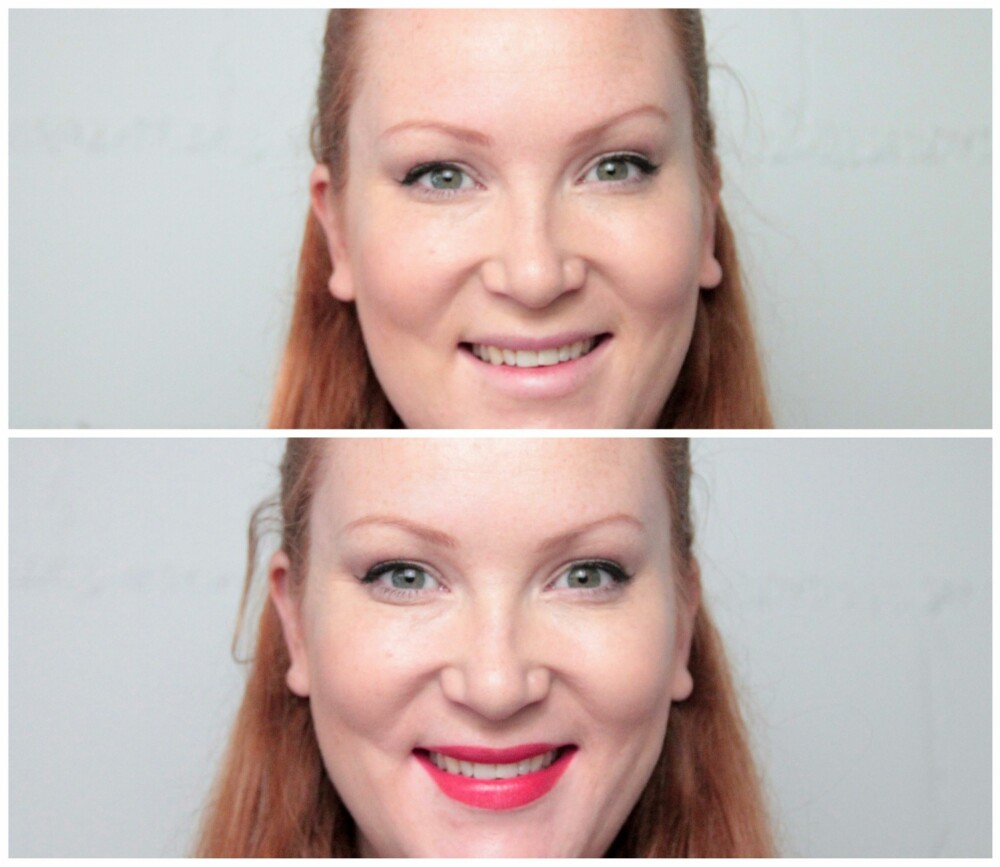FØR/ETTER: Man ser en stor forskjell på meg, uten leppestift (over) og deretter med den dyprøde leppestiften Ruby Woo fra MAC (under), med den perfekte blå undertonen. Tennen ser hakket hvitere ut, og fordi jeg har varme farger på hud og hår, skaper den kalde leppestiften fine kontraster og gir ansiktet nærmest et løft. FØR/ETTER: Man ser en stor forskjell på meg, uten leppestift (over) og deretter med den dyprøde leppestiften Ruby Woo fra MAC (under), med den perfekte blå undertonen. Tennen ser hakket hvitere ut, og fordi jeg har varme farger på hud og hår, skaper den kalde leppestiften fine kontraster og gir ansiktet nærmest et løft.