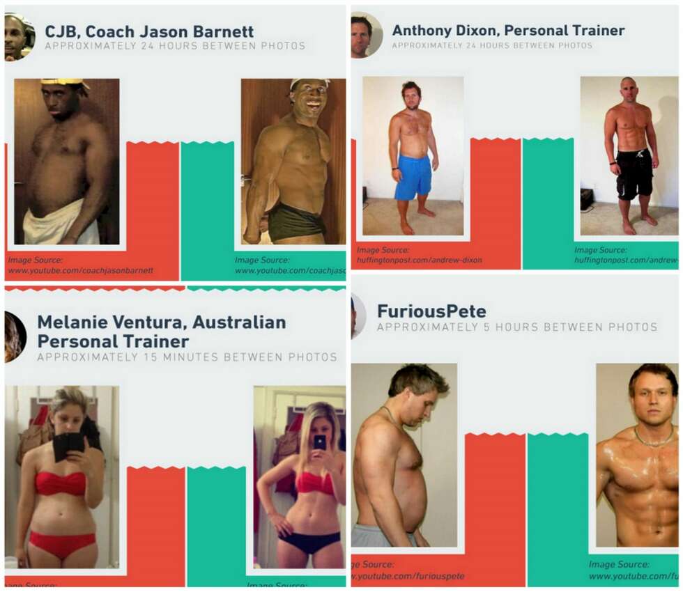 BUSTED: Treningsekspertene har tatt rotta på de falske reklamene som omhandler kosttilskudd og dietter ved å vise hvor lett det er å iscenesette uekte før- og etter-bilder. BUSTED: Treningsekspertene har tatt rotta på de falske reklamene som omhandler kosttilskudd og dietter ved å vise hvor lett det er å iscenesette uekte før- og etter-bilder.