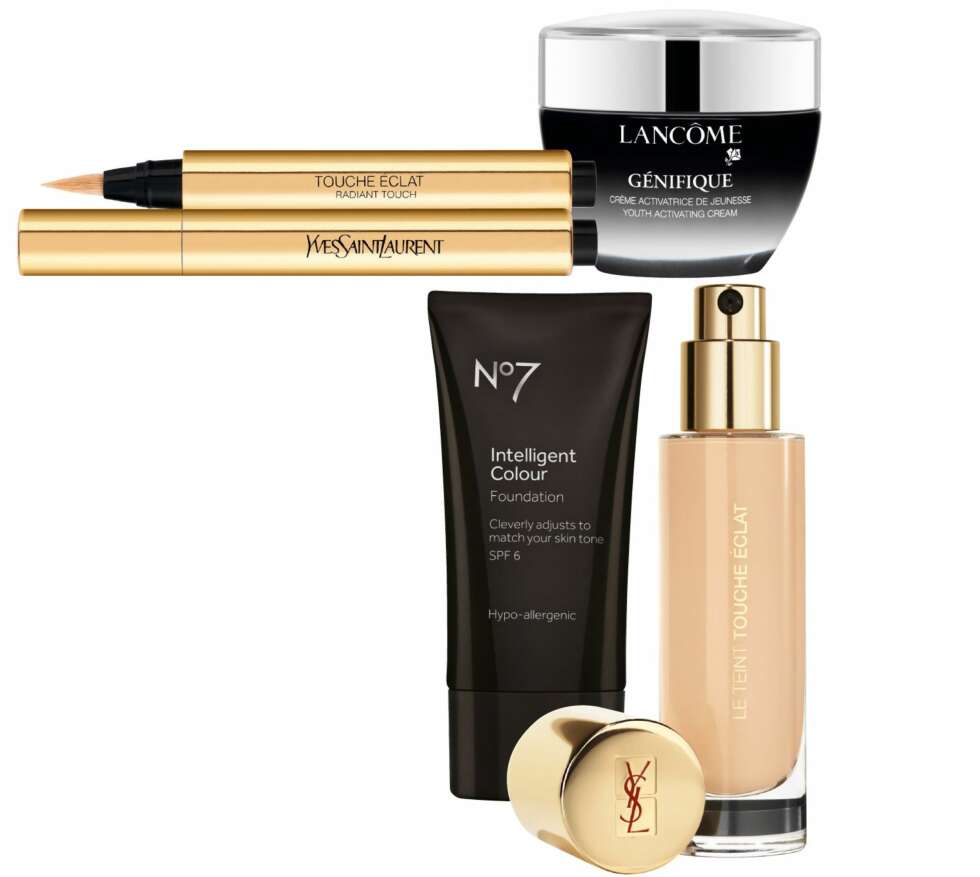 HUDEN: Øverst fra venstre: Den legendariske tryllepennen som fungerer både som concealer og highlighter. Touche Éclat fra YSL, kr 310. Krem som skal gi ekstra fukt og glød. Génifique Youth Activating Cream fra Lancôme. Foundation som skal jevne ut fargeforskjellene. Intelligent Colour fra No7, kr 159. Flytende foundation med lysreflekterende pigmenter for ekstra glød. Le Teint Touche Éclat, kr 410. HUDEN: Øverst fra venstre: Den legendariske tryllepennen som fungerer både som concealer og highlighter. Touche Éclat fra YSL, kr 310. Krem som skal gi ekstra fukt og glød. Génifique Youth Activating Cream fra Lancôme. Foundation som skal jevne ut fargeforskjellene. Intelligent Colour fra No7, kr 159. Flytende foundation med lysreflekterende pigmenter for ekstra glød. Le Teint Touche Éclat, kr 410.