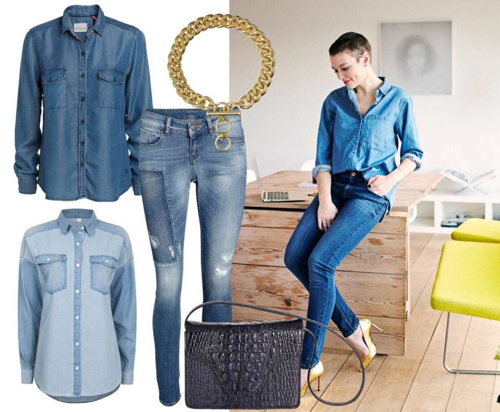 DOBBELDENIM: Maries antrekk: Slimjeans fra Cubus, kr 499. Denimskjorte fra Cubus, kr 299. Pumps fra Zara, kr 559. Enkeltprodukter til venstre: Skjorte fra Lindex, kr 399. Smykke fra Pilgrim, kr 199. Jeans fra Lindex, kr 499. Lys skjorte fra Cubus, kr 299. Veske fra Tosca Blu, kr 1999. DOBBELDENIM: Maries antrekk: Slimjeans fra Cubus, kr 499. Denimskjorte fra Cubus, kr 299. Pumps fra Zara, kr 559. Enkeltprodukter til venstre: Skjorte fra Lindex, kr 399. Smykke fra Pilgrim, kr 199. Jeans fra Lindex, kr 499. Lys skjorte fra Cubus, kr 299. Veske fra Tosca Blu, kr 1999.