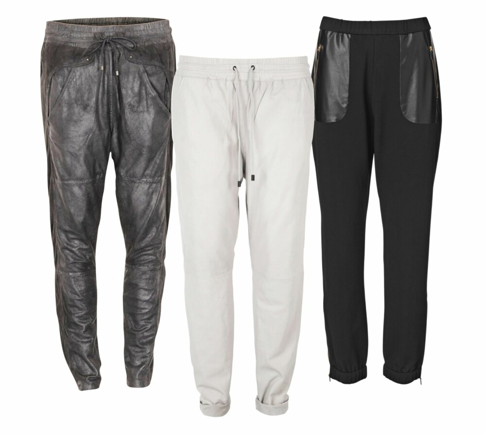 SKINN: Fra venstre: Skinnbukse fra Munthe plus Simonsen, kr 3499. Hvit skinnbukse fra Part Two, kr 2499. Bukse med skinndetaljer fra By Malene Birger, kr 1499. SKINN: Fra venstre: Skinnbukse fra Munthe plus Simonsen, kr 3499. Hvit skinnbukse fra Part Two, kr 2499. Bukse med skinndetaljer fra By Malene Birger, kr 1499.