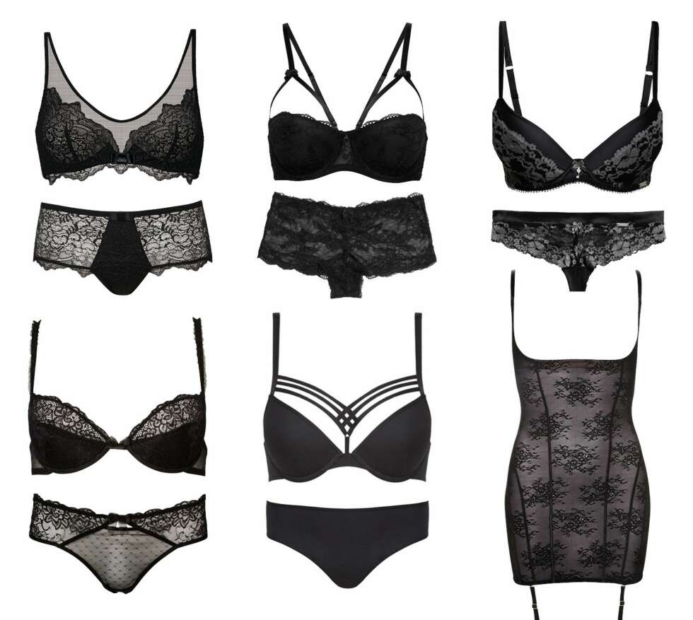 FORFØRENDE: Delikate blonder, sart silke og en mørk fargepalett setter stemningen. Øverst fra venstre: Bh og hipster fra Triumph, kr 499 og kr 349. Bh og hipster fra Lindex, kr 179 og kr 70. Bh og stringtruse fra KappAhl, kr 299 og kr 129. Bh og truse fra Vero Moda, kr 160 og kr 100. Bh og truse fra Marlies Dekkers, kr 699 og kr 319. Figurformende underkjole fra Triumph Essence, kr 1099. FORFØRENDE: Delikate blonder, sart silke og en mørk fargepalett setter stemningen. Øverst fra venstre: Bh og hipster fra Triumph, kr 499 og kr 349. Bh og hipster fra Lindex, kr 179 og kr 70. Bh og stringtruse fra KappAhl, kr 299 og kr 129. Bh og truse fra Vero Moda, kr 160 og kr 100. Bh og truse fra Marlies Dekkers, kr 699 og kr 319. Figurformende underkjole fra Triumph Essence, kr 1099.