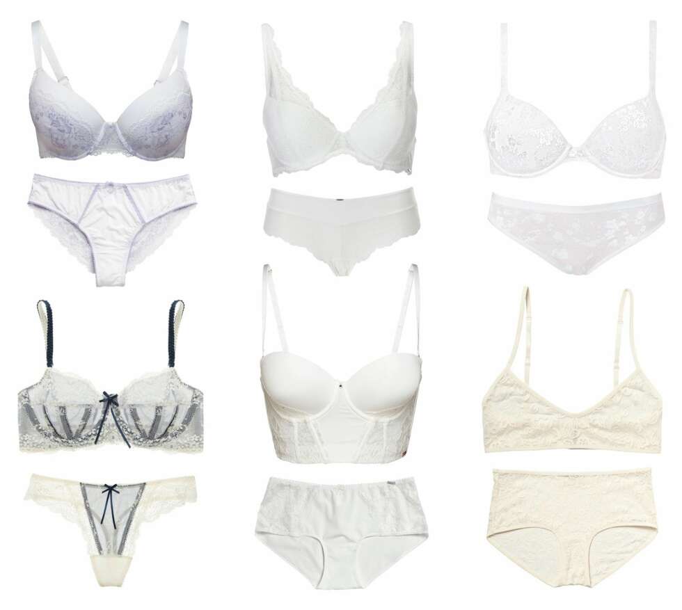 USKYDLIG: Fargen hvitt assosieres tradisjonelt sett med renhet og uskyld, men kan likevel være veldig sexy. Øverst fra venstre: Bh og truse fra KappAhl, kr 199 og kr 99. Bh og truse fra Gina Tricot, kr 179 og kr 79. Bh og truse fra Triumph, kr 349, og kr 199. Bh og stringtruse fra Elle Macpherson Intimates, kr 649 og 349. Bustier og hipster fra Lindex, kr 299 og kr 99. Bh og hipster fra Monki, kr 120 og kr 60. USKYDLIG: Fargen hvitt assosieres tradisjonelt sett med renhet og uskyld, men kan likevel være veldig sexy. Øverst fra venstre: Bh og truse fra KappAhl, kr 199 og kr 99. Bh og truse fra Gina Tricot, kr 179 og kr 79. Bh og truse fra Triumph, kr 349, og kr 199. Bh og stringtruse fra Elle Macpherson Intimates, kr 649 og 349. Bustier og hipster fra Lindex, kr 299 og kr 99. Bh og hipster fra Monki, kr 120 og kr 60.