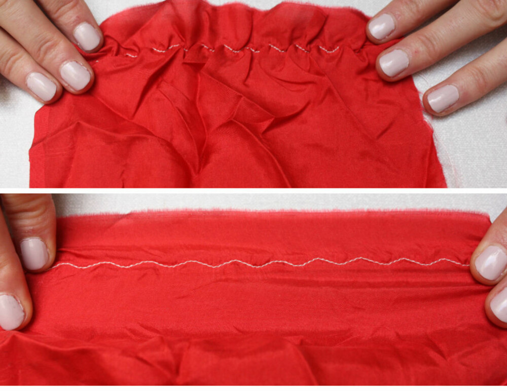 SIKK-SAKK: Øverst ser du hvordan den store sikk-sakk-sømmen ser ut når stoffet trekker seg sammen. Nederst ser du hvordan stoffet kan strekkes ut, uten at tråden ryker SIKK-SAKK: Øverst ser du hvordan den store sikk-sakk-sømmen ser ut når stoffet trekker seg sammen. Nederst ser du hvordan stoffet kan strekkes ut, uten at tråden ryker