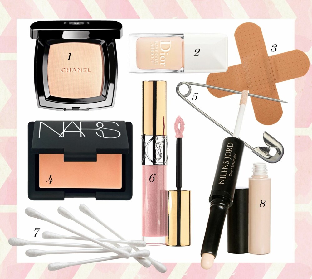 1. Chanel Poudre universelle ompact, kr 390. 2. Dior Base coat abricot applied protection, kr 210. 3. Plaster. 4. Nars Cream blush, kr 244. 5. Sikkerhetsnåler. 6. YSL Gloss voluptè N°101, kr 275. 7. Q-tips. 8. Nilens Jord Duo concealer, kr 189. 1. Chanel Poudre universelle ompact, kr 390. 2. Dior Base coat abricot applied protection, kr 210. 3. Plaster. 4. Nars Cream blush, kr 244. 5. Sikkerhetsnåler. 6. YSL Gloss voluptè N°101, kr 275. 7. Q-tips. 8. Nilens Jord Duo concealer, kr 189.