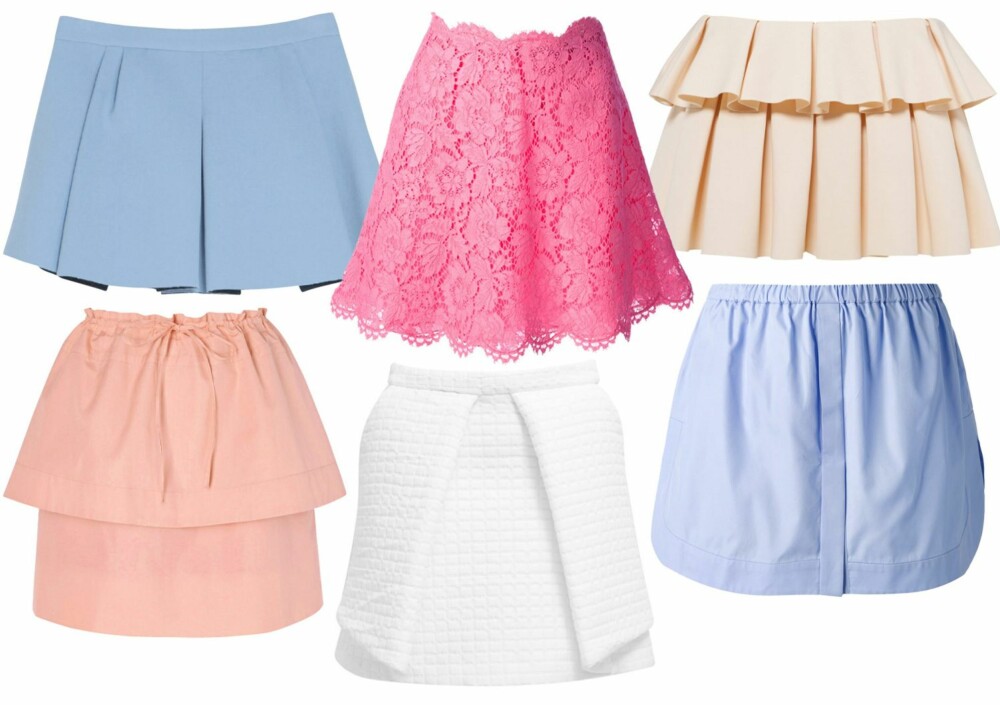 MINISKJØRTET: Øverst fra venstre: Babyblått fra Zara, kr 399. Knallrosa fra Valentino/Net-a-porter, kr 9800. Nude fra Asos, kr 550. Rosa fra See By Chloé, kr 1825. Hvitt fra Asos.com, kr 350. Babyblått fra NO 21, kr 1100. MINISKJØRTET: Øverst fra venstre: Babyblått fra Zara, kr 399. Knallrosa fra Valentino/Net-a-porter, kr 9800. Nude fra Asos, kr 550. Rosa fra See By Chloé, kr 1825. Hvitt fra Asos.com, kr 350. Babyblått fra NO 21, kr 1100.
