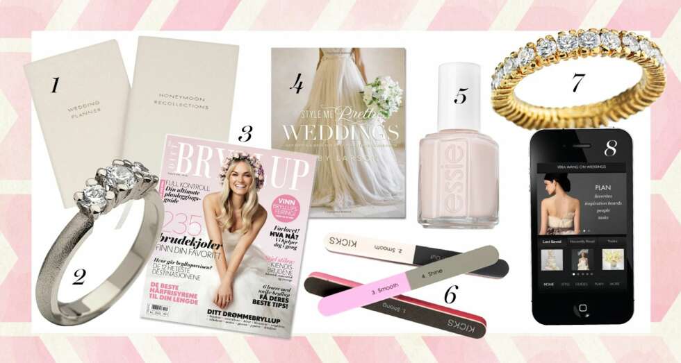 1. Wedding Planner og Honeymoon Recollections skinnbøker fra Smythson/ Net-a-porter.com, kr 1095 for settet. 2. Ring i hvitt gull med tre diamanter med totalt 0,64 ct fra Sandberg, kr 41 600. 3. Magasinet Ditt Bryllup gjelper deg i gang med planleggingen! Her får du masse herlig inspirasjon. 4. Style Me Pretty Weddings: Inspiration and Ideas for an Unforgettable Celebration. Fra Amazon.com, ca. kr 140. 5. Neglelakk fra Essie i fargen Allure, kr 159. 6. Poleringsfil med seks trinn fra Kicks, kr 40. 7. Gullring med diamanter fra Sandberg, kr 58 500. 8. Last ned planleggings-apper til din mobil. 1. Wedding Planner og Honeymoon Recollections skinnbøker fra Smythson/ Net-a-porter.com, kr 1095 for settet. 2. Ring i hvitt gull med tre diamanter med totalt 0,64 ct fra Sandberg, kr 41 600. 3. Magasinet Ditt Bryllup gjelper deg i gang med planleggingen! Her får du masse herlig inspirasjon. 4. Style Me Pretty Weddings: Inspiration and Ideas for an Unforgettable Celebration. Fra Amazon.com, ca. kr 140. 5. Neglelakk fra Essie i fargen Allure, kr 159. 6. Poleringsfil med seks trinn fra Kicks, kr 40. 7. Gullring med diamanter fra Sandberg, kr 58 500. 8. Last ned planleggings-apper til din mobil.