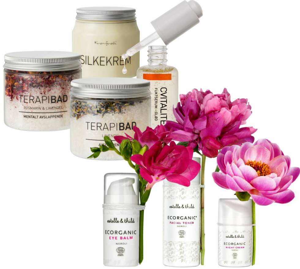 NATURLIG: Øverst fra venstre: Norske Kremfresh; Terapibad med rosmarin og lavendel, kr 189. Silkekrem, kr 799. Fruktserum, kr 945. Terapibad lavendel, kr 189. Svenske Estelle og Thild; Eye balm, kr 195. Facial toner, kr 185. Nattkrem, kr 245. NATURLIG: Øverst fra venstre: Norske Kremfresh; Terapibad med rosmarin og lavendel, kr 189. Silkekrem, kr 799. Fruktserum, kr 945. Terapibad lavendel, kr 189. Svenske Estelle og Thild; Eye balm, kr 195. Facial toner, kr 185. Nattkrem, kr 245.