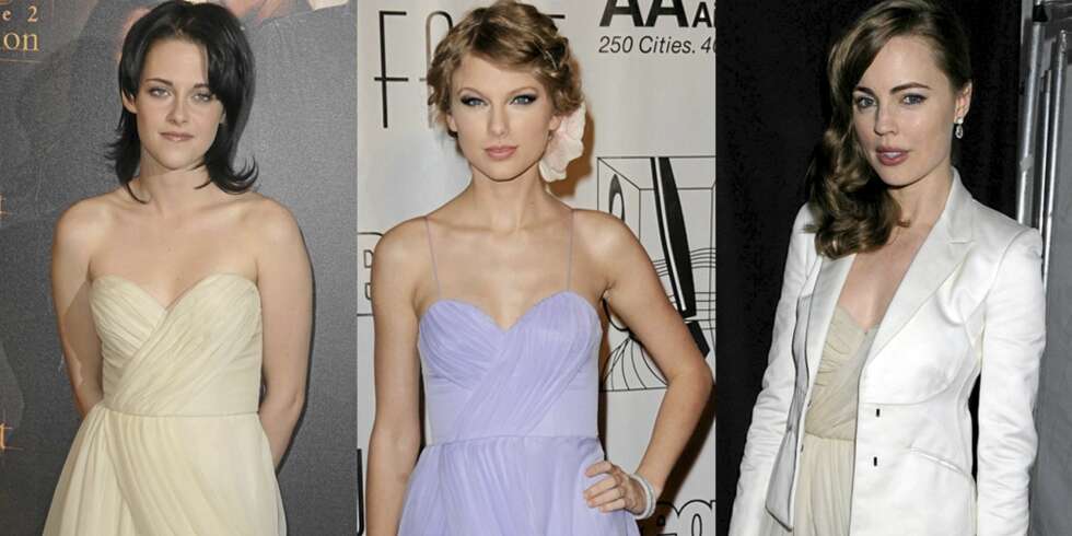 SAMME KJOLE: Kristen Stewart, Taylor Swift og Melissa George i samme designerkjole. SAMME KJOLE: Kristen Stewart, Taylor Swift og Melissa George i samme designerkjole.