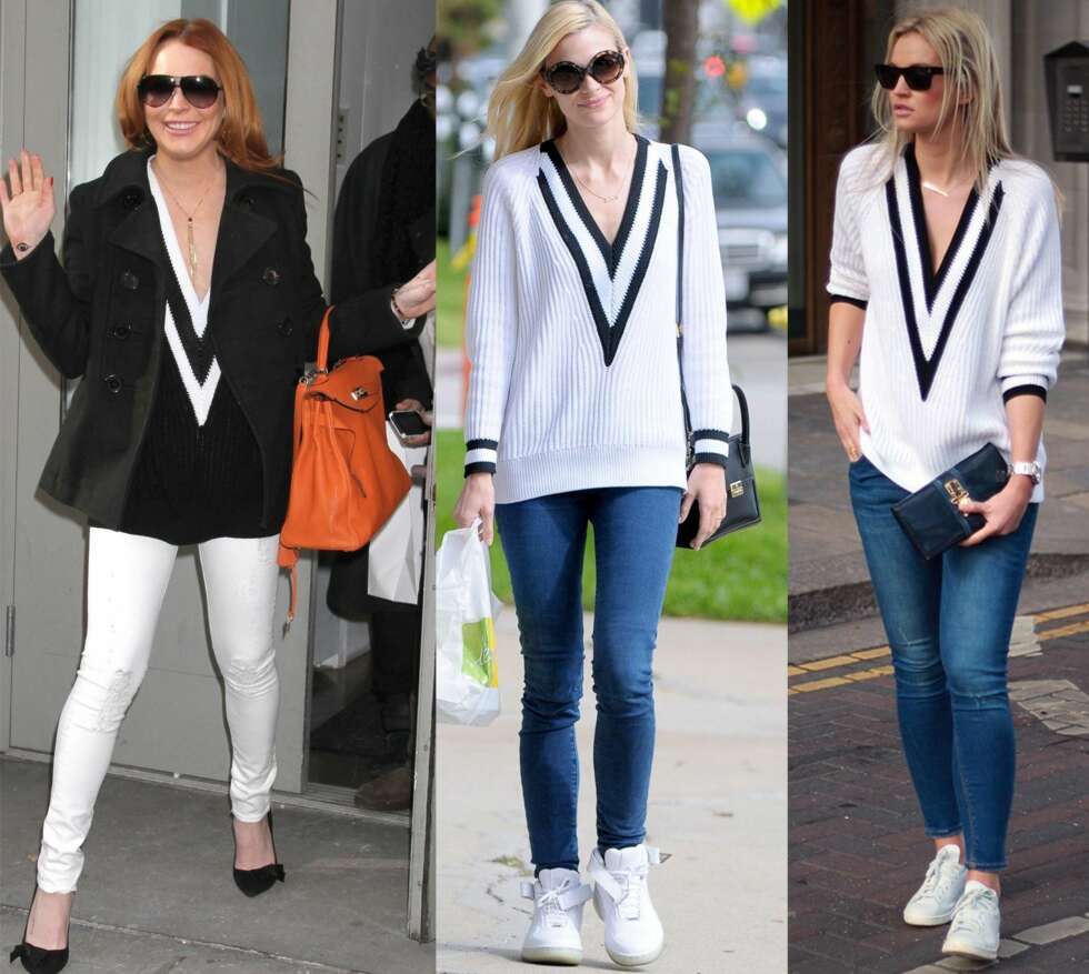 SPOTTET PÅ DE FLESTE: Genseren er allerede å se på både kjendiser og it-jenter verden over. Fra venstre: Lindsay Lohan i en mørkeblå variant kombinert med hvite jeans. I midten: Hart of Dixie-stjernen Jaime King iført en hvit utgave av it-genseren. Til høyre: Blogger Anouk Yve - også i en hvit variant. SPOTTET PÅ DE FLESTE: Genseren er allerede å se på både kjendiser og it-jenter verden over. Fra venstre: Lindsay Lohan i en mørkeblå variant kombinert med hvite jeans. I midten: Hart of Dixie-stjernen Jaime King iført en hvit utgave av it-genseren. Til høyre: Blogger Anouk Yve - også i en hvit variant.