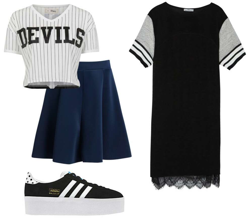 INSPIRASJON: Hent inspirasjon fra baseball og tennis, og bruk sporty elementer i din hverdagsgarderobe. Topp fra Bik Bok, kr 149. Skjørt fra MQ, kr 499. Kjole fra Zara, kr 499. Sneakers fra Adidas, kr 1000. INSPIRASJON: Hent inspirasjon fra baseball og tennis, og bruk sporty elementer i din hverdagsgarderobe. Topp fra Bik Bok, kr 149. Skjørt fra MQ, kr 499. Kjole fra Zara, kr 499. Sneakers fra Adidas, kr 1000.