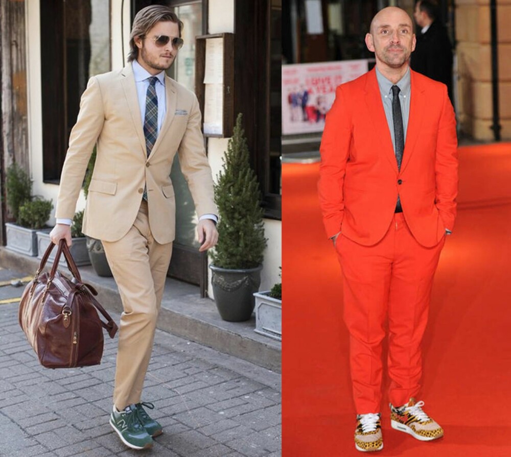 PÅ JOBB: Nå er det blitt stuerent med dress og joggesko. Til høyre: Skuespilleren Dan Mazur er en av mange menn som har kastet seg over joggeskotrenden, og velger gjerne leopardprintede joggesko til den rød løperen. PÅ JOBB: Nå er det blitt stuerent med dress og joggesko. Til høyre: Skuespilleren Dan Mazur er en av mange menn som har kastet seg over joggeskotrenden, og velger gjerne leopardprintede joggesko til den rød løperen.