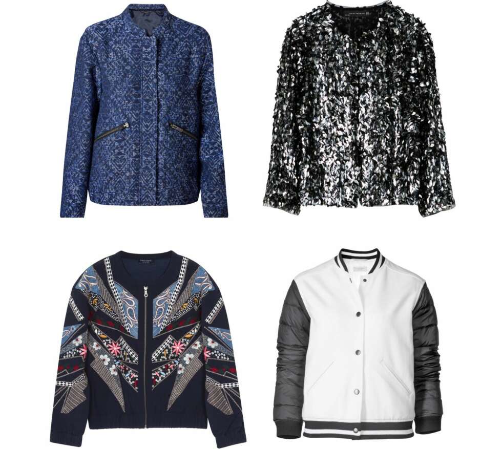 SPORTY OG GLAMORØS: Fra øverste høyre: Mango, kr 599. Paljettjakke fra Zara, kr 799. Brodert jakke fra Zara, kr 799. Hunkydory, kr 1799. SPORTY OG GLAMORØS: Fra øverste høyre: Mango, kr 599. Paljettjakke fra Zara, kr 799. Brodert jakke fra Zara, kr 799. Hunkydory, kr 1799.