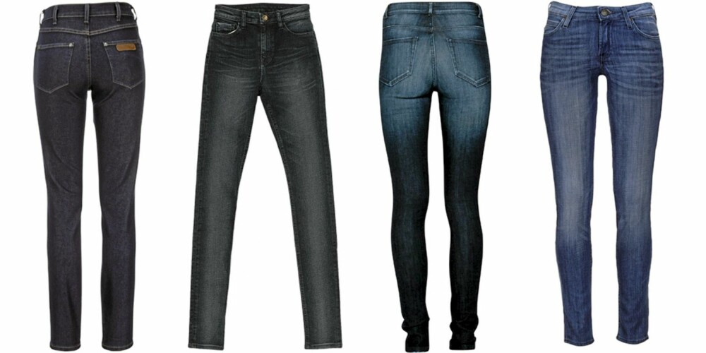 FRA VENSTRE: Wrangler Jess (kr 799), Crocker Sky High (kr 599), Bik Bok Higher (kr 499), Lee Scarlett (kr 699). FRA VENSTRE: Wrangler Jess (kr 799), Crocker Sky High (kr 599), Bik Bok Higher (kr 499), Lee Scarlett (kr 699).