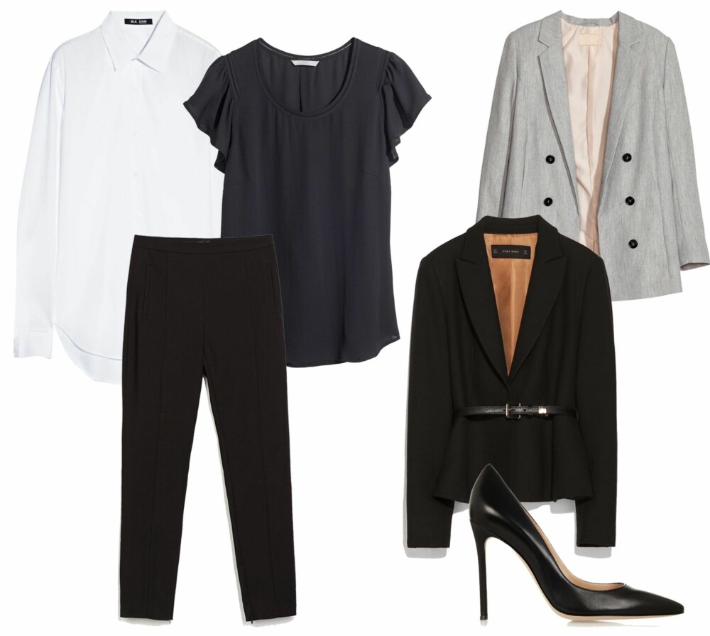 SHOPPINGTIPS: Med disse plaggene kan ikke et jobbantrekk gå galt. Fra venstre: Hvit skjorte fra BLM DNM, kr 1587. Blå bluse fra H&M, kr 199. Grå blazer fra H&M, kr 599. Sort bukse fra Zara, kr 399. Sort blazer fra Zara, kr 699. Sorte pumps fra Gianvito Rossi/Net-a-porter.com, kr 4300. SHOPPINGTIPS: Med disse plaggene kan ikke et jobbantrekk gå galt. Fra venstre: Hvit skjorte fra BLM DNM, kr 1587. Blå bluse fra H&M, kr 199. Grå blazer fra H&M, kr 599. Sort bukse fra Zara, kr 399. Sort blazer fra Zara, kr 699. Sorte pumps fra Gianvito Rossi/Net-a-porter.com, kr 4300.