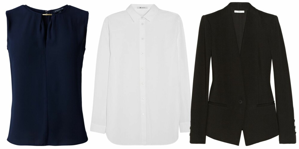 SIKRE VINNERE: Her er plaggene (og kleskoden) du bør gå for på et jobbintervju. Fra venstre: Blå topp fra MQ, kr 399. Hvit skjorte fra T by Wang, kr 2600. Svart blazer med et klassisk snitt fra Helmut Lang, kr 4360. SIKRE VINNERE: Her er plaggene (og kleskoden) du bør gå for på et jobbintervju. Fra venstre: Blå topp fra MQ, kr 399. Hvit skjorte fra T by Wang, kr 2600. Svart blazer med et klassisk snitt fra Helmut Lang, kr 4360.