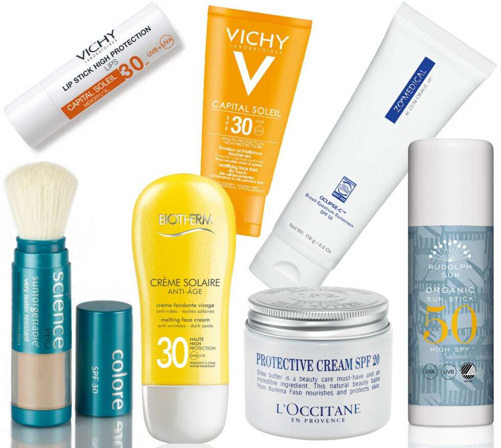 FRA VENSTRE: ColoreScience Sunforgettable Mineral Sunscreen SPF 30, kr 495. Vichy Capital Soleil lip stick SPF 30, veil kr 108. Biotherm Crème Solaire anti-age, veil kr 250. Vichy Capital Soleil Mattifying face fluid dry touch SPF 30, veil kr 164. L'Occitane Protective Cream SPF 20, kr 329. Zo Medical Oclipse-C SPF 50, kr 750. Rudolph Care Organic Sun Stick SPF 50, kr 175. FRA VENSTRE: ColoreScience Sunforgettable Mineral Sunscreen SPF 30, kr 495. Vichy Capital Soleil lip stick SPF 30, veil kr 108. Biotherm Crème Solaire anti-age, veil kr 250. Vichy Capital Soleil Mattifying face fluid dry touch SPF 30, veil kr 164. L'Occitane Protective Cream SPF 20, kr 329. Zo Medical Oclipse-C SPF 50, kr 750. Rudolph Care Organic Sun Stick SPF 50, kr 175.