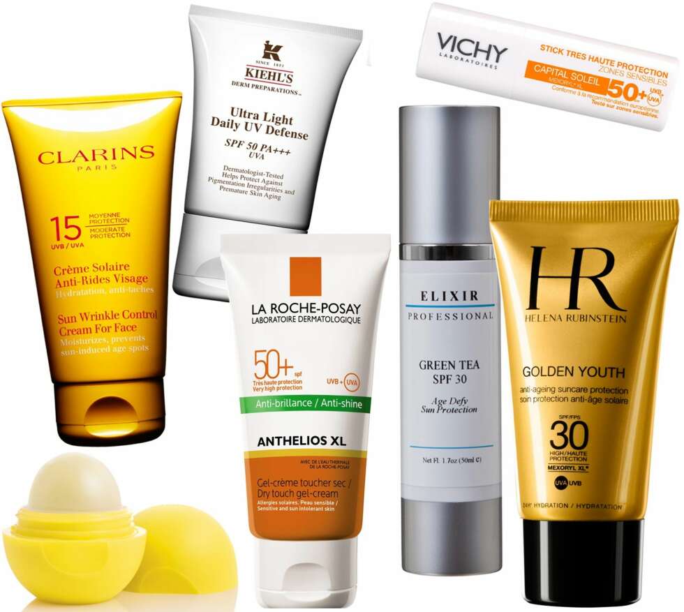 FRA VENSTRE: EOS Lemon Drop SPF 15 Lip Balm, kr 79. Clarins Sun Wrinkle Control Cream for face SPF 15, kr 230. Kiehl's Ultra Light Daily UV Defense SPF 50, kr xxx. La Roche-Posay Anthelios XL Dry touch gel-cream, veil. kr 202. Elixir Professional Green Tea SPF 30, kr 590. Vichy Capitol Soleil face stick SPF 50, veil kr 144. Helena Rubinstein Golden Youth anti-aging suncare protection SPF 30, kr xxx FRA VENSTRE: EOS Lemon Drop SPF 15 Lip Balm, kr 79. Clarins Sun Wrinkle Control Cream for face SPF 15, kr 230. Kiehl's Ultra Light Daily UV Defense SPF 50, kr xxx. La Roche-Posay Anthelios XL Dry touch gel-cream, veil. kr 202. Elixir Professional Green Tea SPF 30, kr 590. Vichy Capitol Soleil face stick SPF 50, veil kr 144. Helena Rubinstein Golden Youth anti-aging suncare protection SPF 30, kr xxx