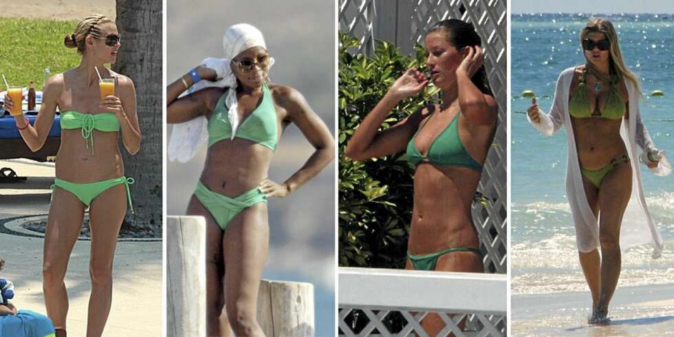 SKJØNN I GRØNN - BIKINI: Heidi Klum, Mary J. Blige, Gisele Bundchen og Fergie. Hvem er flottest? SKJØNN I GRØNN - BIKINI: Heidi Klum, Mary J. Blige, Gisele Bundchen og Fergie. Hvem er flottest?